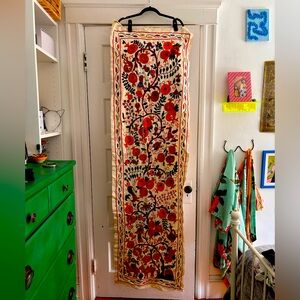 Uzbek Handmade Silk Suzani Table Runner with Pomegranates and Birds - 21”x74”